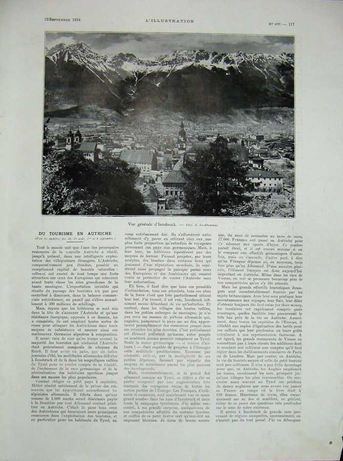 Old Vintage Print 1934 Innsbruck Chanteurs Tyroliens Innsbruck Mountains 20th