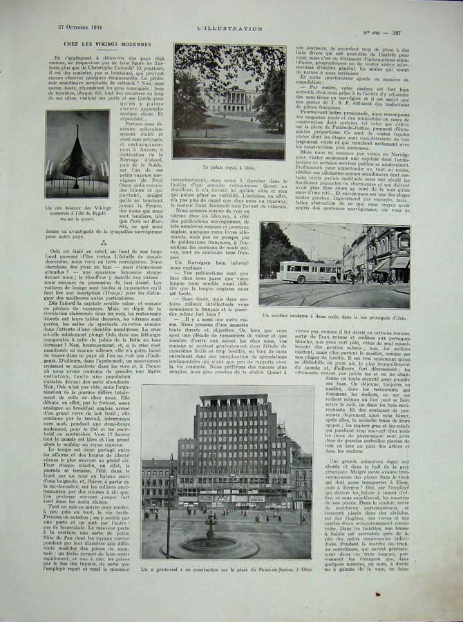 Old Vintage Print 1934 Trondheim Munkegaten France Oslo Palais-Justice 20th