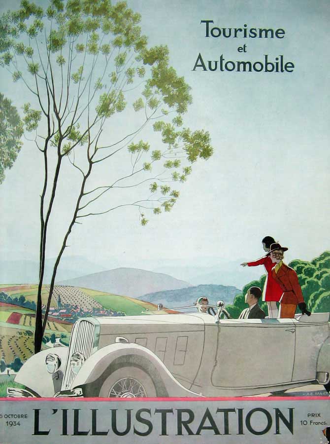 Old Vintage Print 1934 France Colour Country Transport Tourism Car Tree 20th
