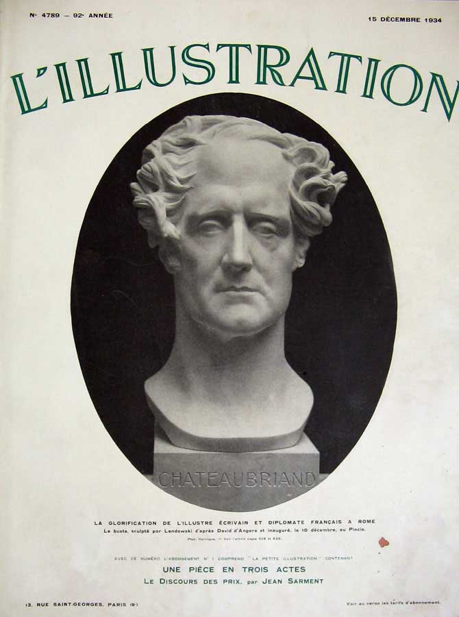 Old Vintage Print 1934 French Bust Statue Chateaubriand Man Jean Sarment 20th