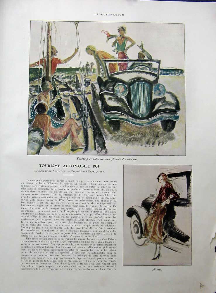 Old Vintage Print 1934 Colour Automobile France Transport Champs Elysees 20th
