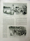 Old Vintage Print 1934 Plage De Boran Paris France Riviere Children Swim 20th