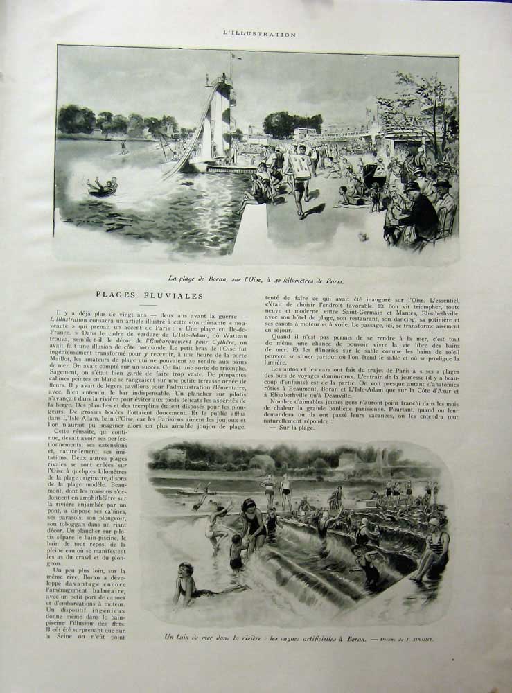 Old Vintage Print 1934 Plage De Boran Paris France Riviere Children Swim 20th