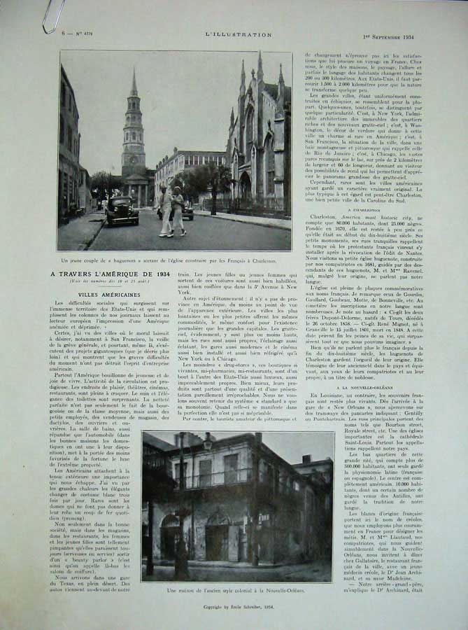 Original Old Vintage Print 1934 French Towns Street Houses America Charleston