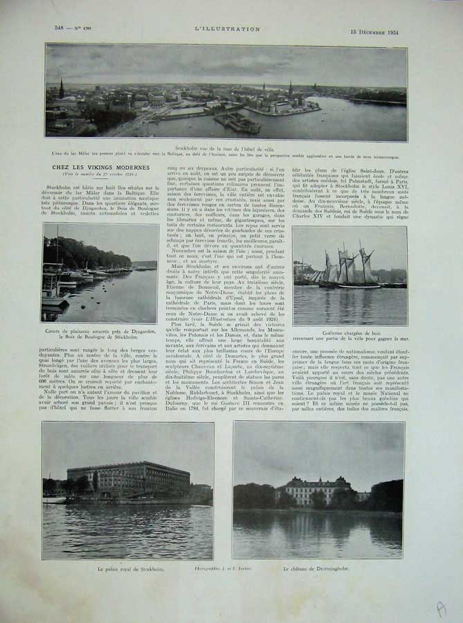 Old Vintage Print 1934 France Chateau Drottningholm Ship Stockholm Hotel 20th