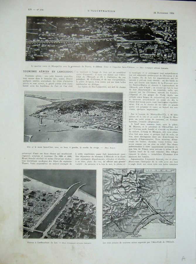 Original Old Vintage Print 1934 France Mont Saint-Clair Map Town Ramparts War