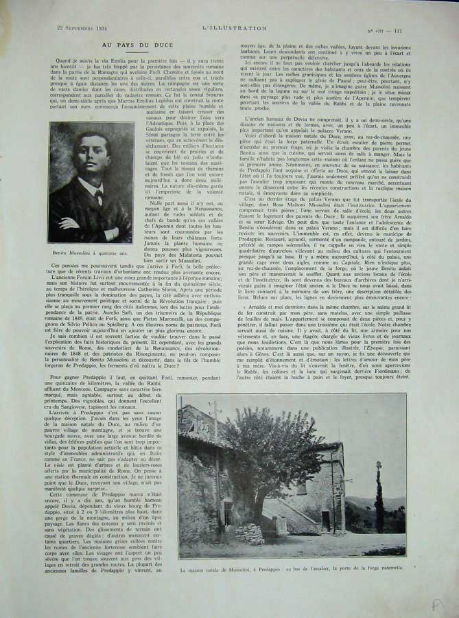Antique Old Print 1934 Benito Mussolini House Buildings France Natal Duce 20th
