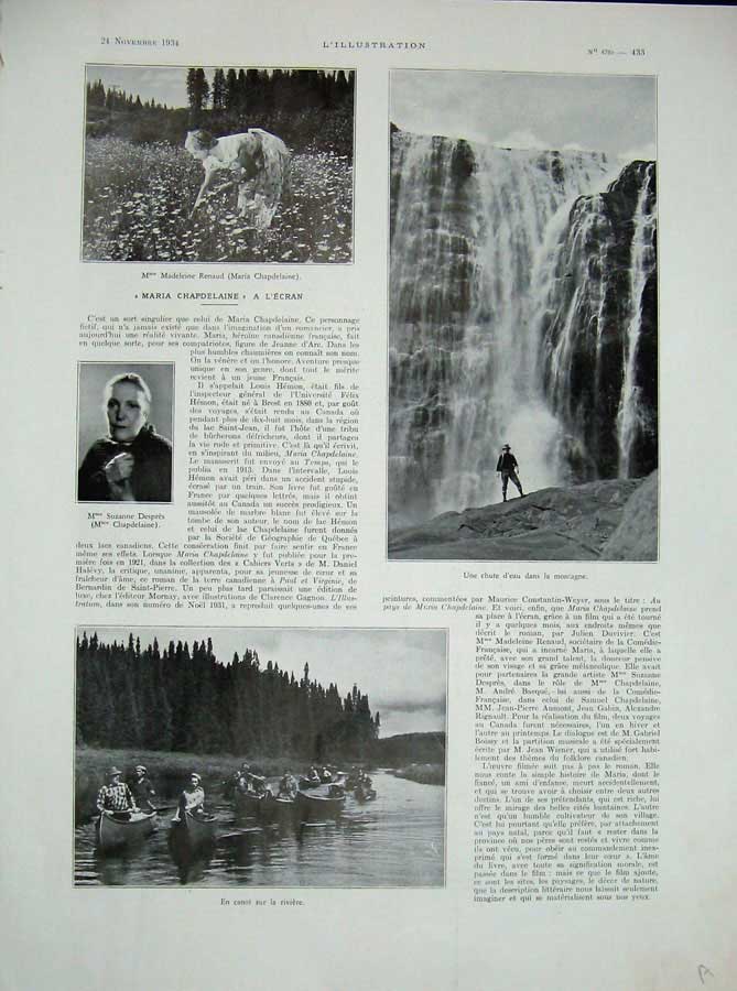 Old Vintage Print 1934 Maria Chapdelaine Waterfall Canoes French Vizille 20th