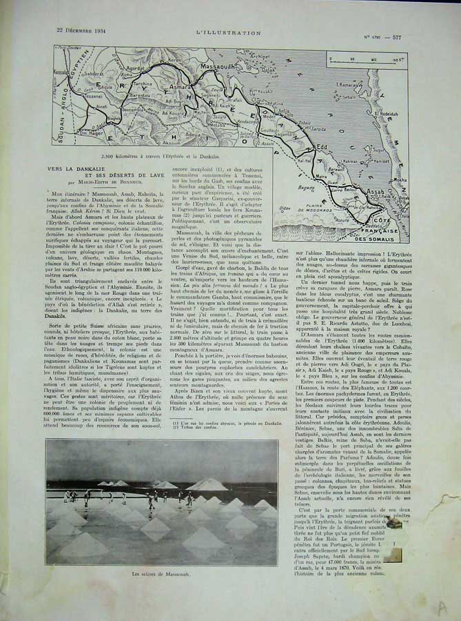 Old Vintage Print 1934 Salines Massaouah Map Ethiopia Mountains Cohaito 20th
