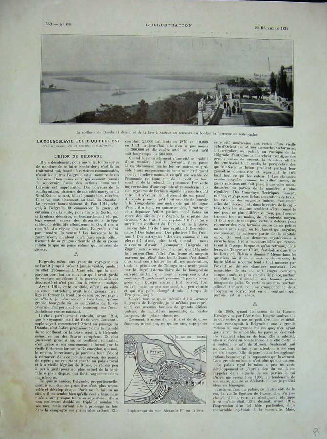 Old Vintage Print 1934 Map Belgrade River Danube French Newspaper Bridge 20th