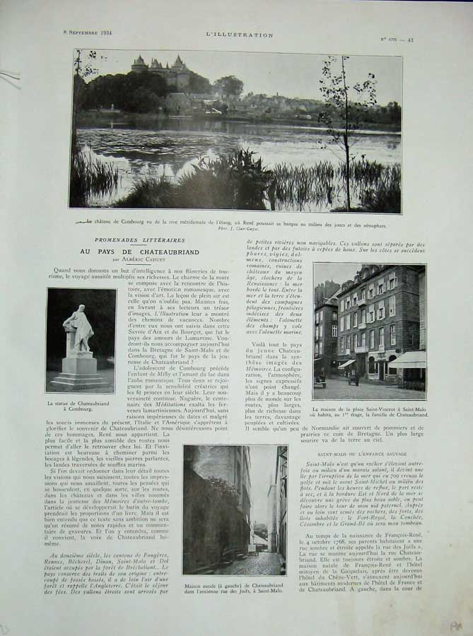 Original Old Vintage Print 1934 Chateau Comburg Chateaubriand Comburg Fougeres