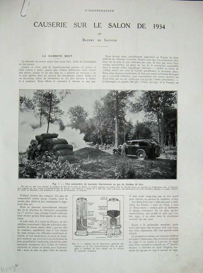 Original Old Vintage Print 1934 Motor Car France Diagrams Charbon De Bois Bout