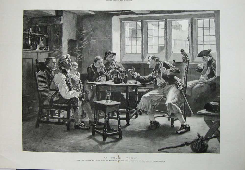 Old Antique Print 1893 Frank Dadd Art Men Table Smoking Weapons Glasses 19th
