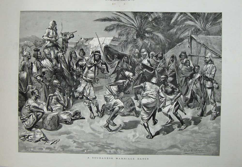 Old Antique Print Soudanese Marriage Dance 1887 Natives Camel Fripp Art 19th