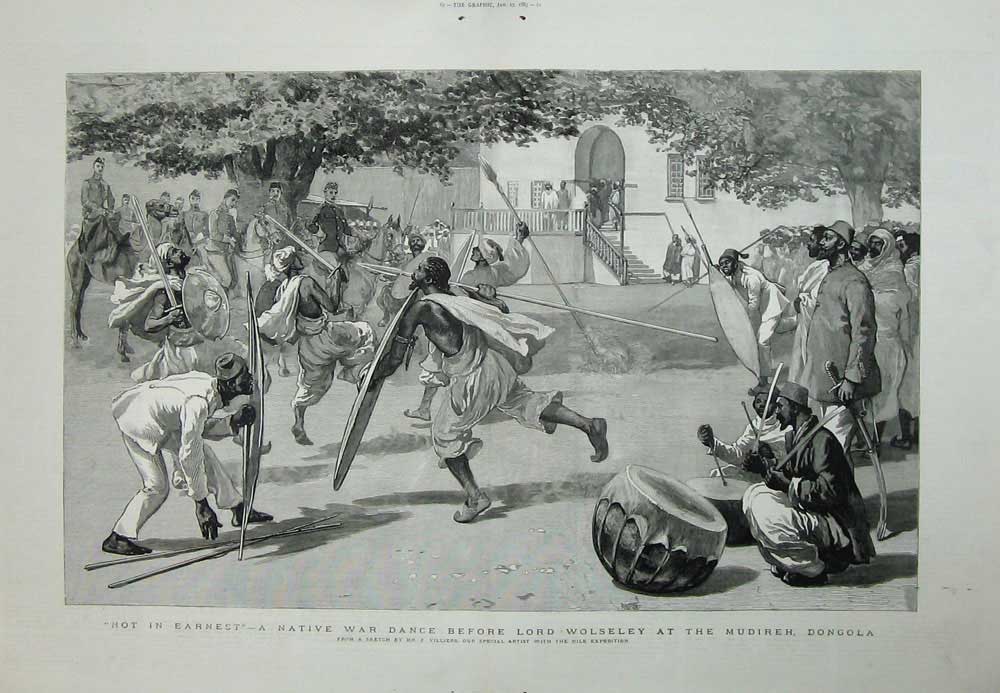 Original Old Antique Print 1885 Native War Dance Lord Wolseley Dongola Mudireh