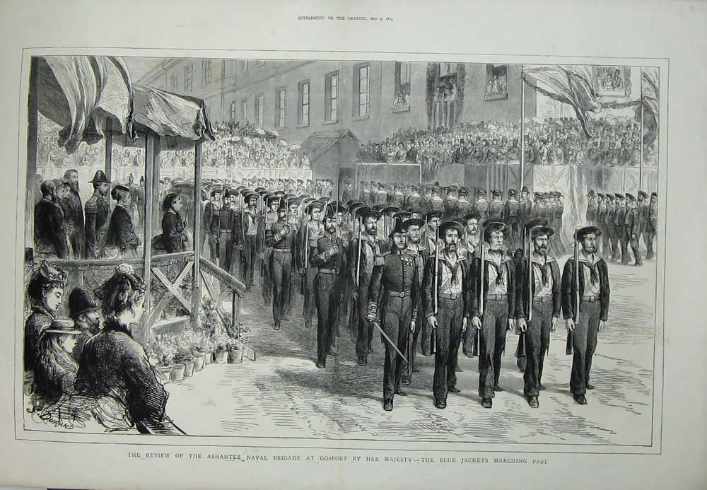 Old Antique Print 1874 Ashantee Naval Brigade Gosport Queen Blue Jackets 19th