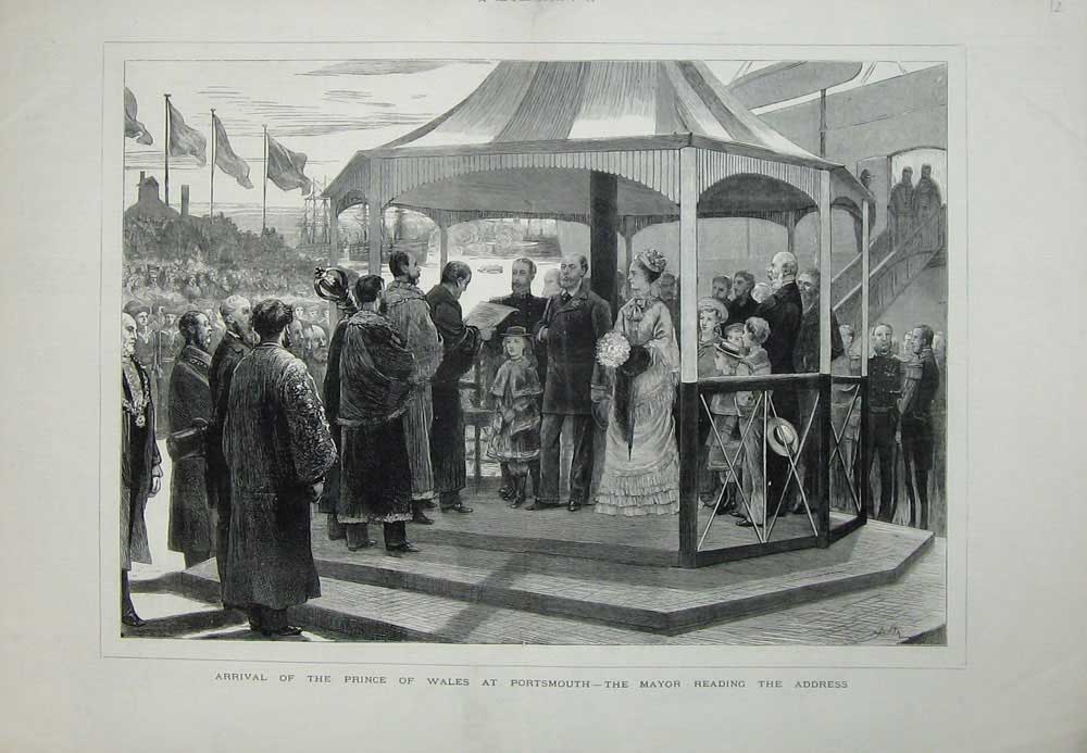 Original Old Antique Print 1876 Prince Wales Portsmouth Mayor Address England