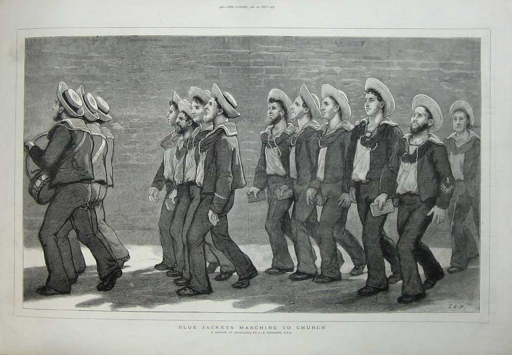 Old Antique Print 1876 Blue Jackets Navy Sailors Marching Church Hodgson 19th