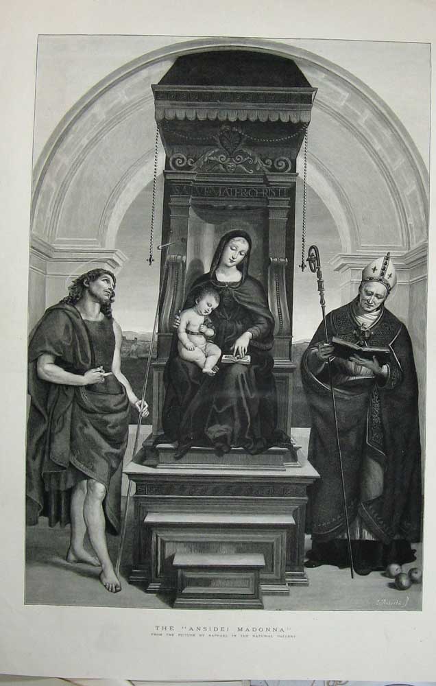Original Old Antique Print National Gallery Art Ansidei Madonna Baby Statue