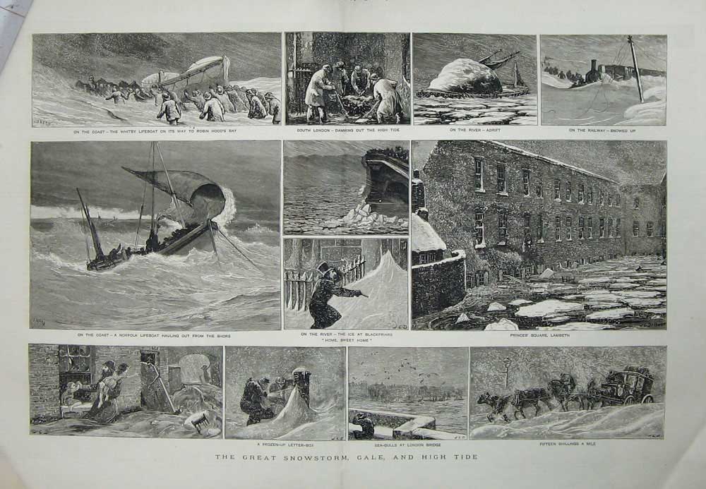 Original Old Antique Print Great Snowstorm 1881 London Bridge Lambeth Railway