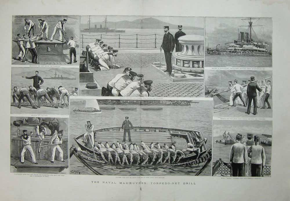 Old Antique Print 1892 Naval Manoeuvres Torpedo Net Drill Anson Ship Men 19th