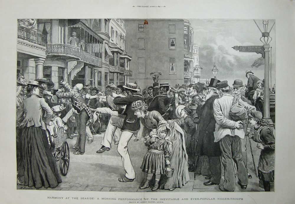 Original Old Antique Print 1893 Holiday Season Minstrels Train Seaside Victorian