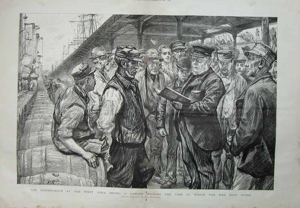 Old Antique Print 1892 West India Ship Docks Ganger Dinner-Hour Men Paul 19th