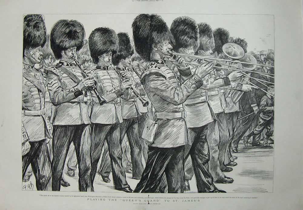 Antique Old Print 1892 March Mucic Queens Guards Wellington St James Park 19th