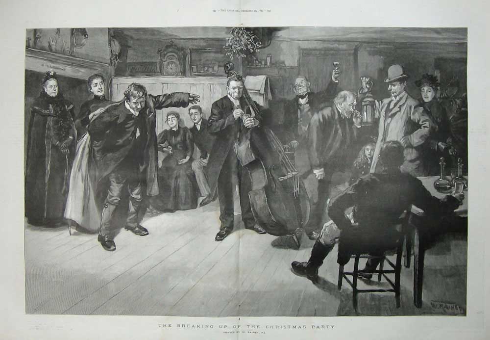 Original Old Antique Print 1894 Rainey Fine Art Christmas Party Music Drinking