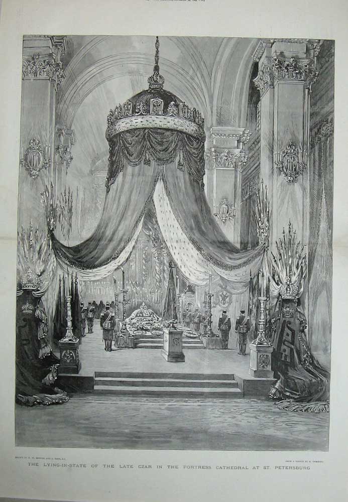 Old Antique Print 1894 Lying-In-State Czar Fortress Cathedral Petersburg 19th