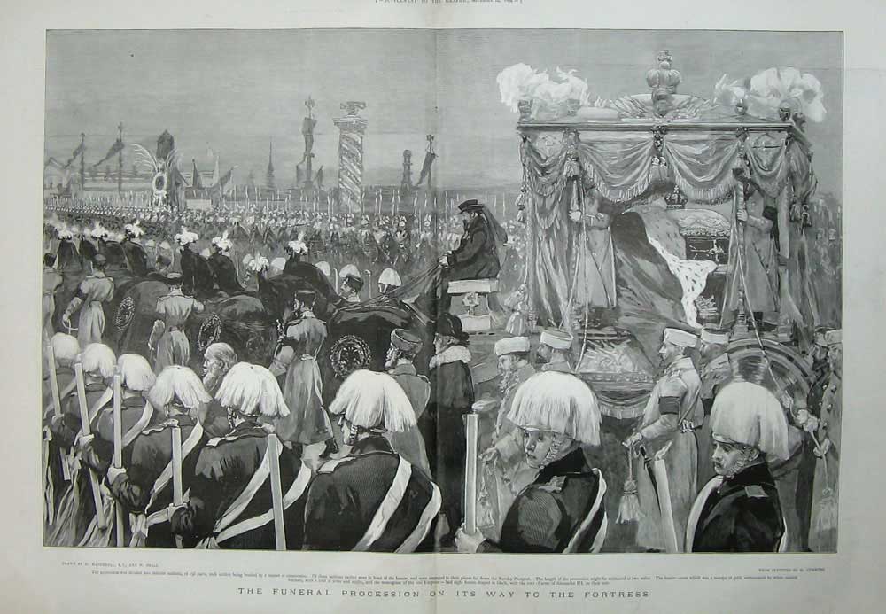 Original Old Antique Print 1894 Funeral Procession Hearse Siers Guards Horses