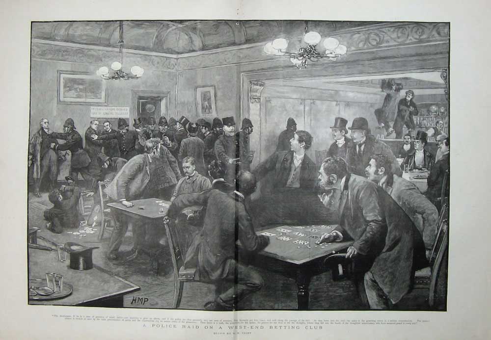 Antique Old Print 1894 Police Raid West-End London Betting Club Men Paget 19th