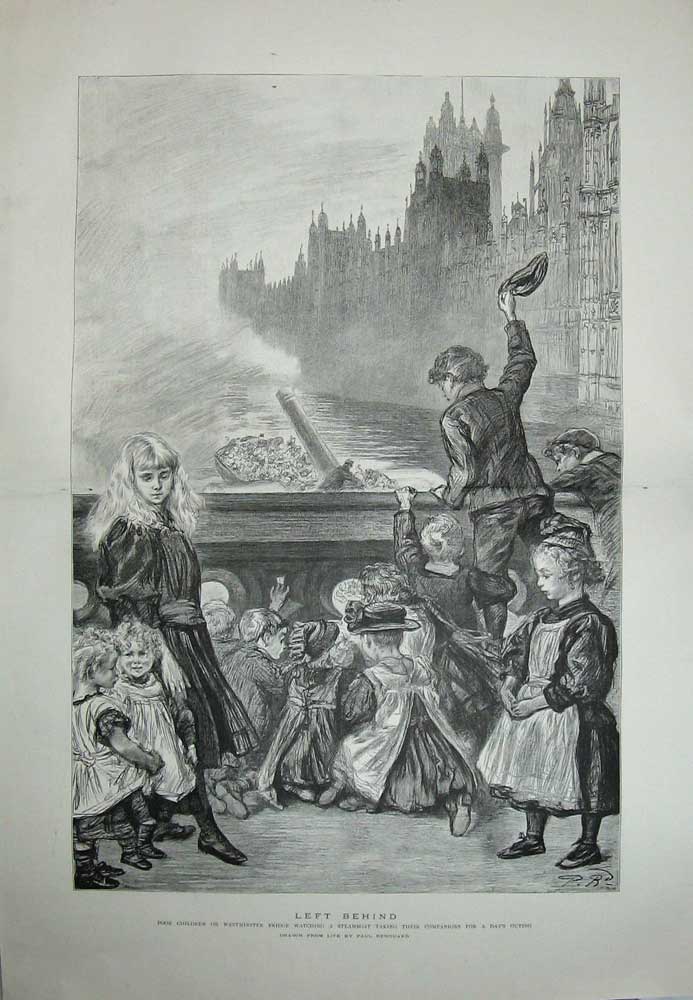 Old Antique Print 1894 Poor Children Westminster Bridge Steamboat Thames 19th
