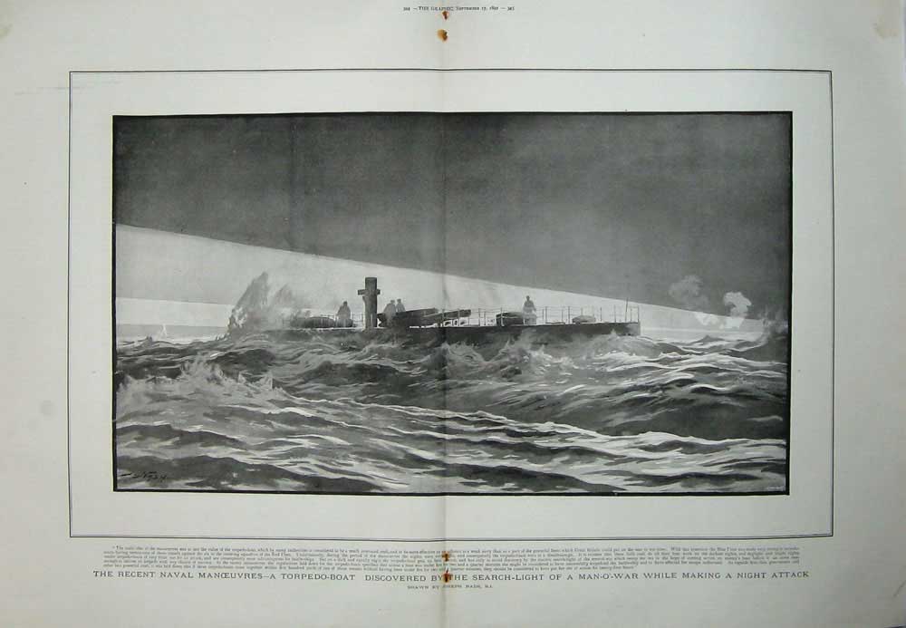 Antique Old Print 1892 Naval Manoeuvres Man-O-War Ship Night Attack Light 19th