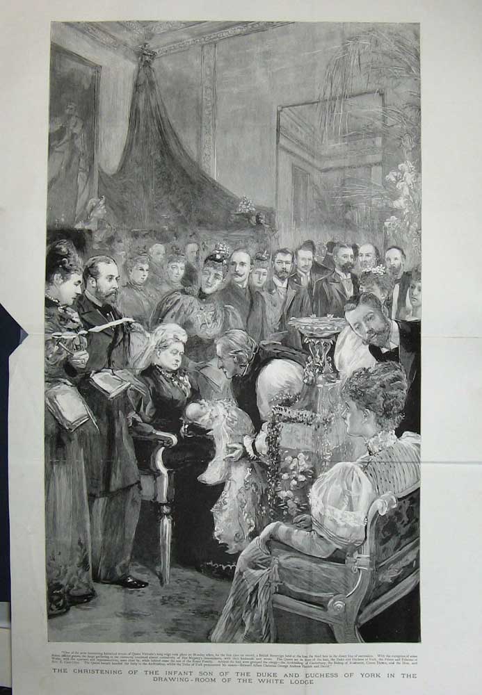 Old Antique Print 1894 Christening Infant Baby Duke York White Lodge Art 19th