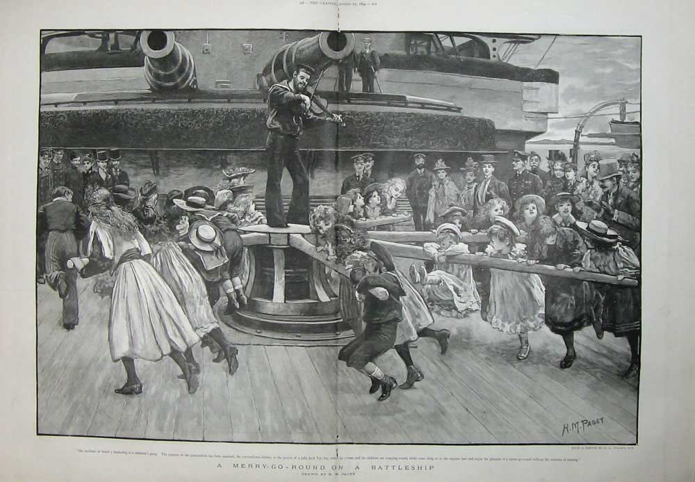Old Antique Print 1894 Merry-Go-Round Battleship Children'S Party Ship 19th