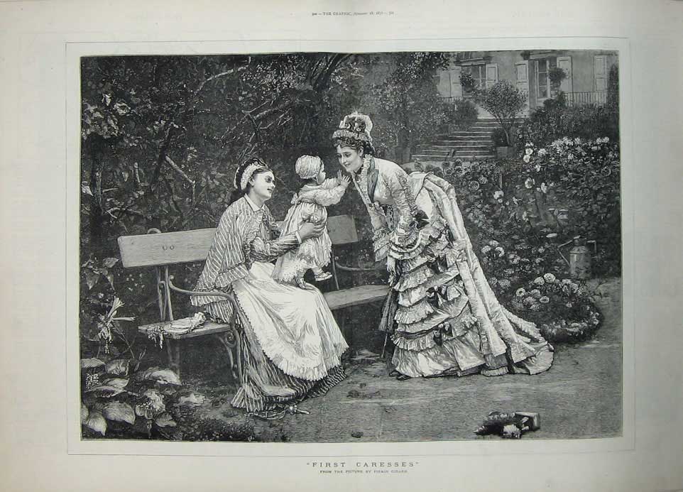 Old Antique Print 1876 Firmin Girard Women Garden Ladies Little Girl Art 19th