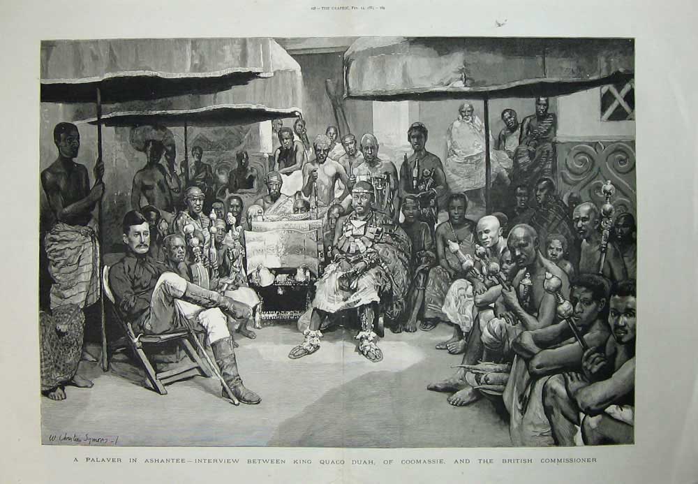 Original Old Antique Print 1885 Ashantee War King Quaco Duah Coomassie British