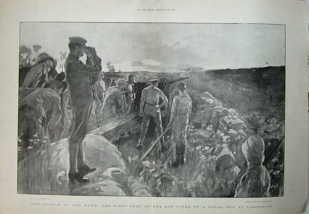 Old Antique Print 1899 War Canon Shot Naval Gun Ladysmith Hatherell Art 19th
