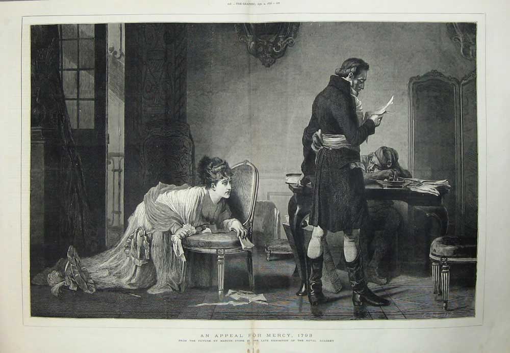 Original Old Antique Print 1876 Royal Academy Painting Woman Begging Mercy Man