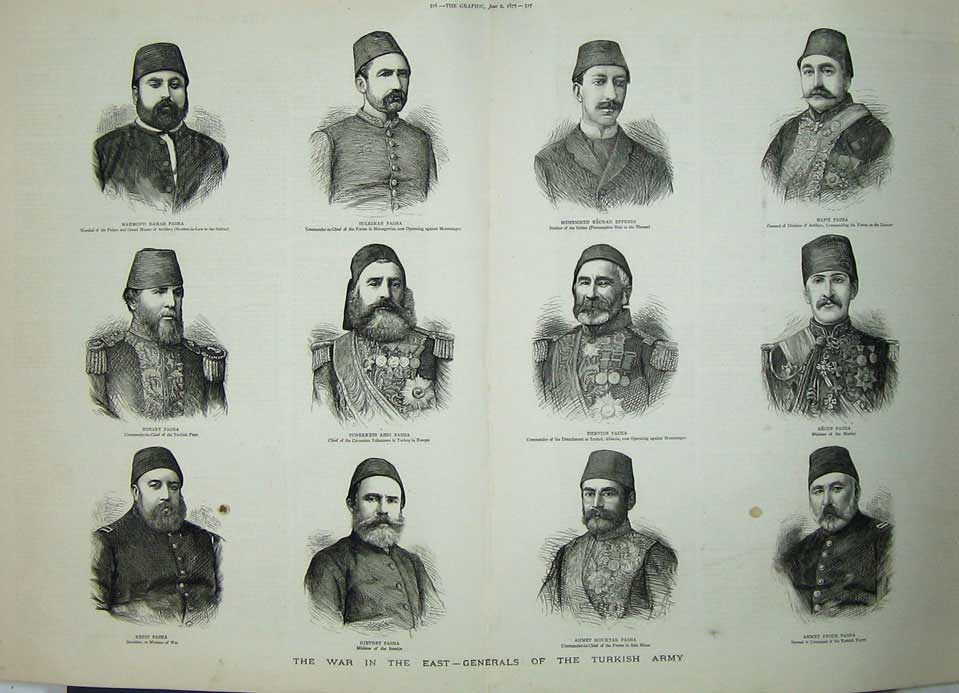 Original Old Antique Print 1877 War Generals Turkish Army Pasha Effendi Siers