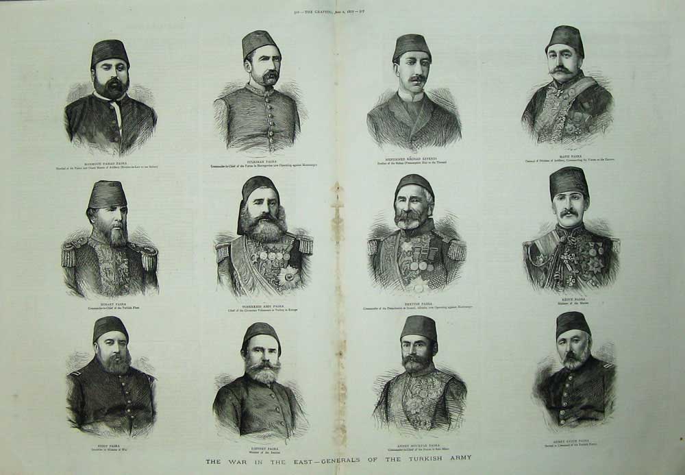 Original Old Antique Print 1877 War Generals Turkish Army Siers Pasha Asia