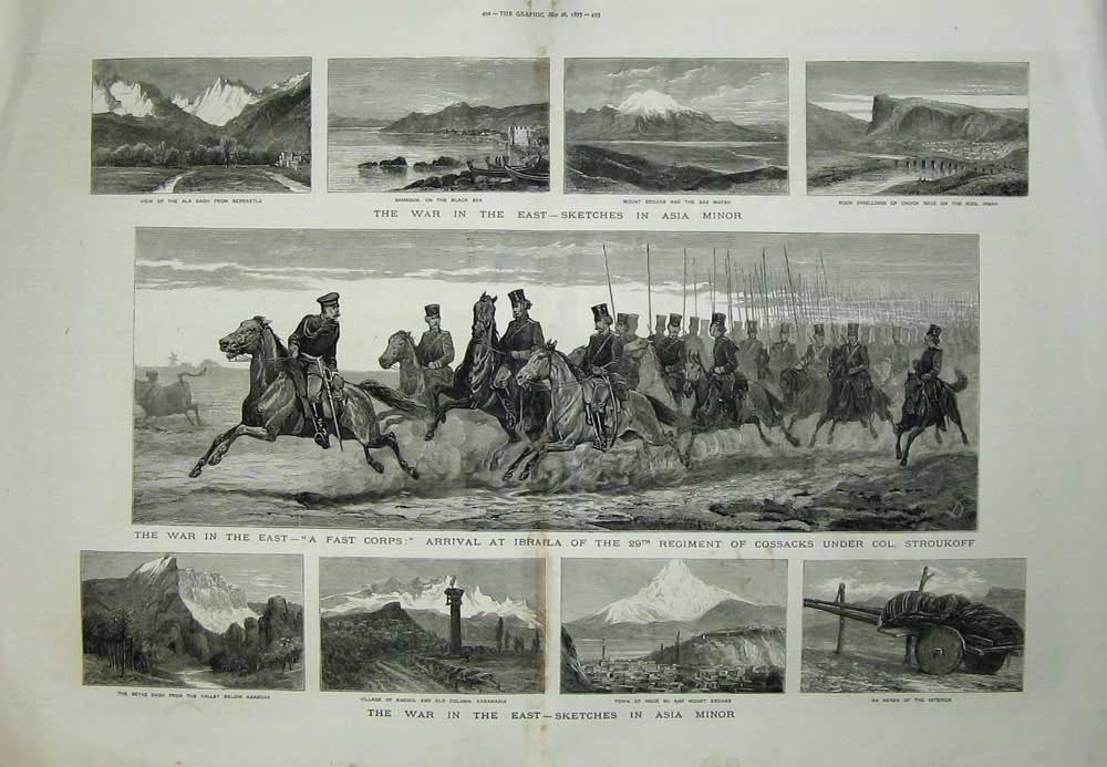 Original Old Antique Print 1877 War Asia Minor Siers Ibraila Cossacks Erdjias