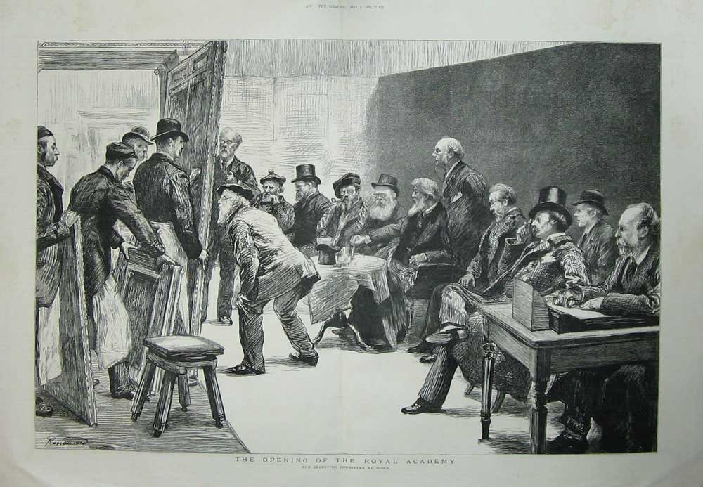 Old Antique Print 1887 Committee Men Opening Royal Academy Art Paintings 19th