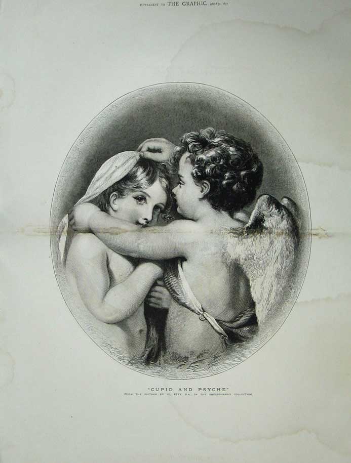 Original Old Antique Print 1877 Portrait Cupid Psyche Sheepshanks Art 19th