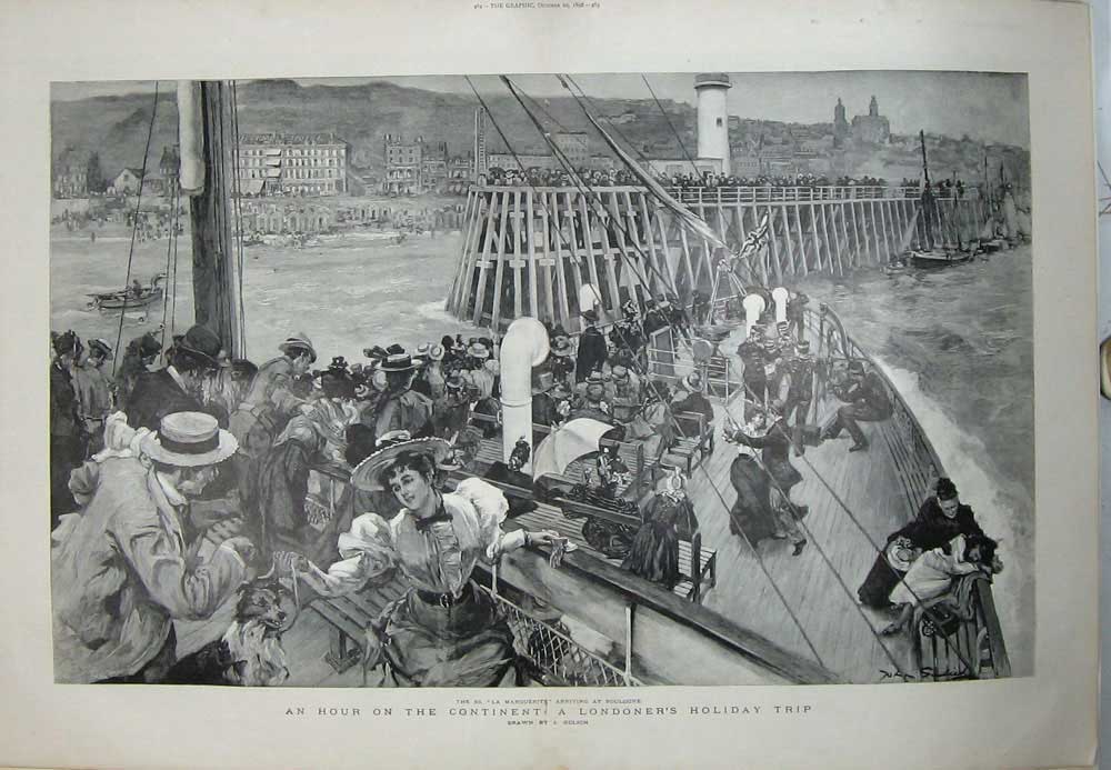 Old Antique Print 1896 Londoner'S Holiday Trip Boulogne France Ship Art 19th