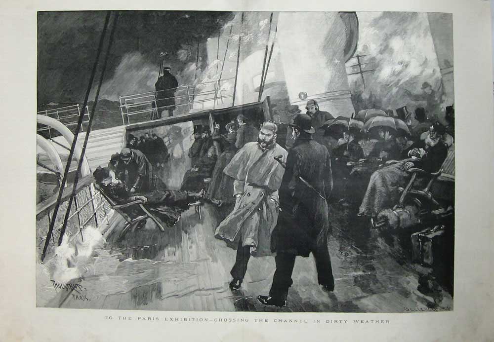 Old Antique Print 1889 Paris Exhibition Sailing Channel Stormy Weather 19th
