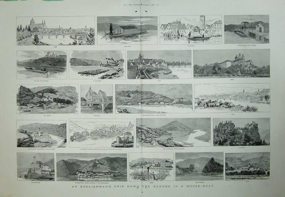Old Antique Print 1888 Englishmans Trip Danube House Boat Neuburg Linz 19th