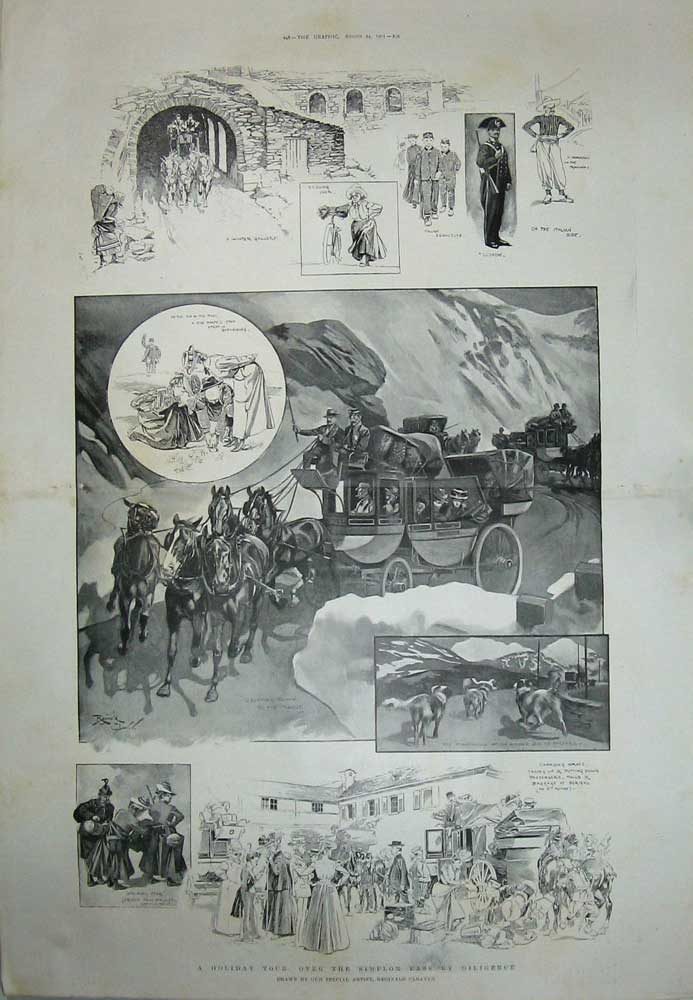 Original Old Antique Print 1901 Holidays Horses Carriage Birdge Tunnel Houses