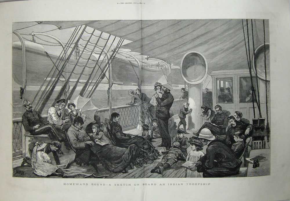 Original Old Antique Print Sketch Board Indian Troopship 1880 Siers Fine Art
